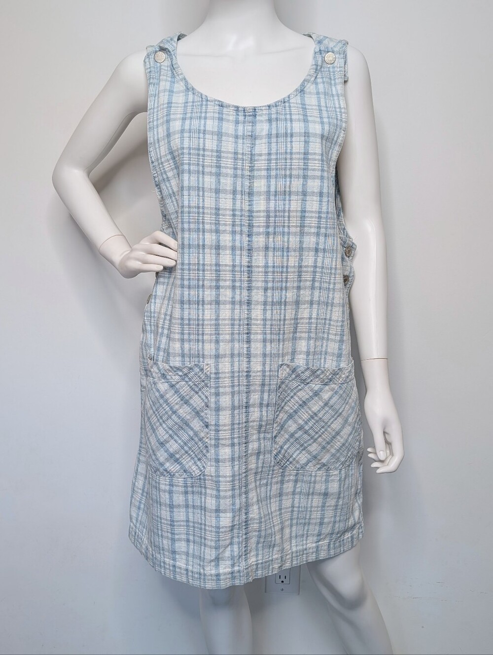 Vintage 90s Light Blue & White Plaid Sleeveless Tank Pinafore Midi Jumper Dress